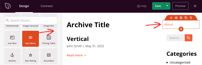 اسحب كتلة قائمة التنقل إلى الصفحة Drag the Nav Menu Block Onto the Page