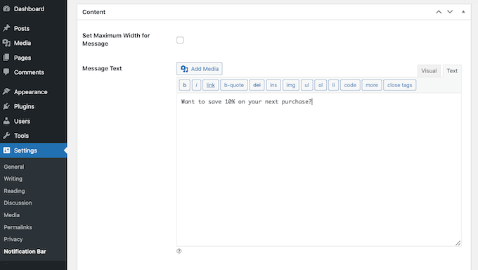 การตั้งค่าแบนเนอร์ WordPress ของ WPFront WPFront's WordPress banner settings