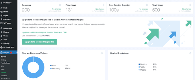 แดชบอร์ดการวิเคราะห์ MonsterInsights The MonsterInsights analytics dashboard