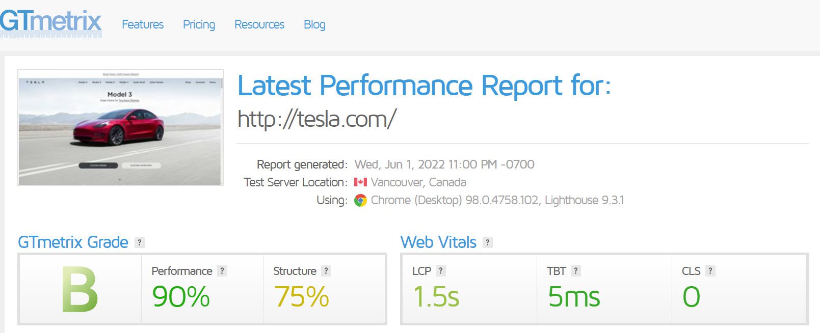 Tesla.com dianalisis dengan GTmetrix