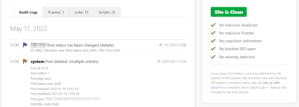 Log aktivitas WordPress.
