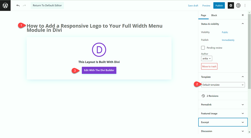 Divi Responsive โลโก้ เมนูความกว้างเต็ม สร้างหน้า