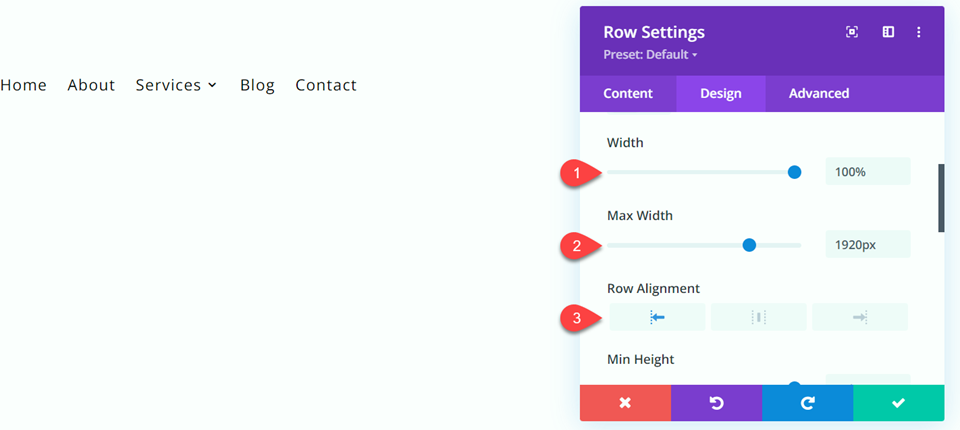 Divi Fullwidth เทียบกับ Regular Menu Module Width Alignment Settings