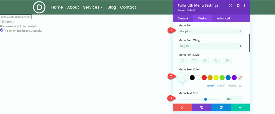 Divi Fullwidth เทียบกับ Regular Menu Module Fullwidth Font Settings