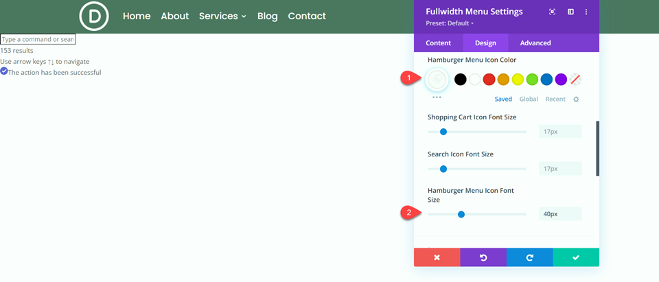 Divi Fullwidth เทียบกับ Regular Menu Module Fullwidth Hamburger Menu Settings