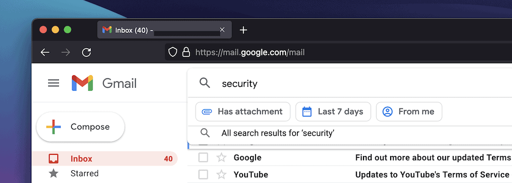 واجهة Gmail ، تظهر وظائف البحث.
