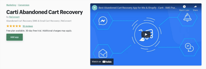 Carti Shopify App carrello abbandonato