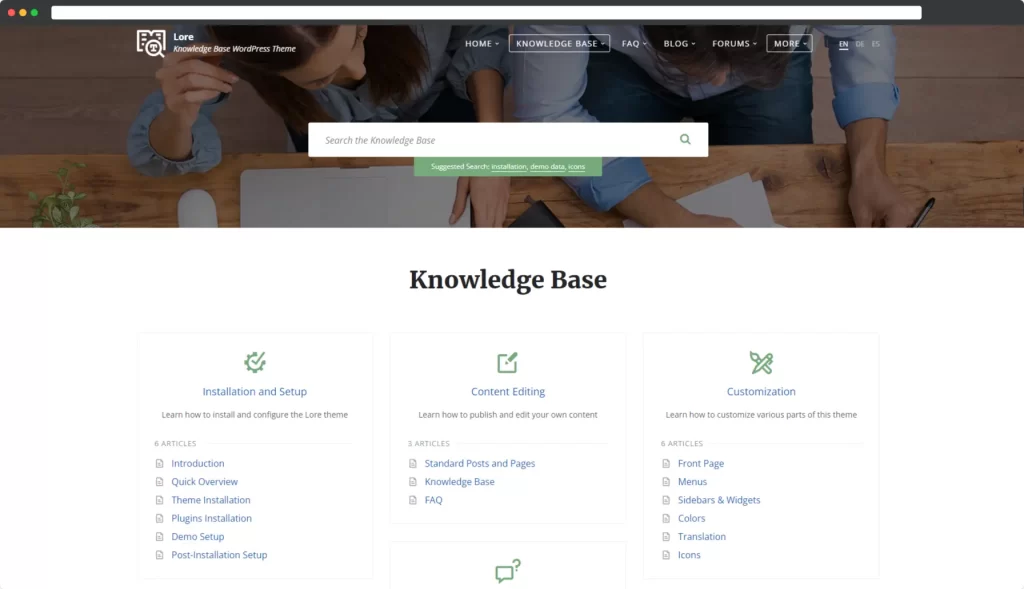 Lore - Elegante tema WordPress di base di conoscenza