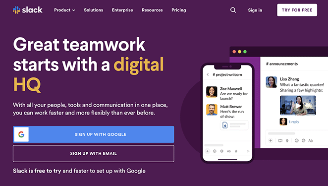 Slack-Website-Startseite - SeedProd website home page example