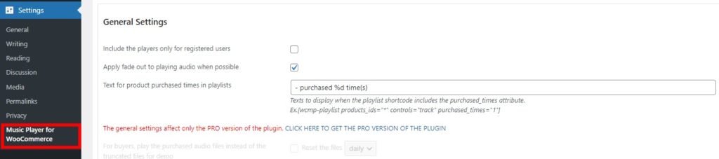 Allgemeine Einstellungen Audioplayer zu WooCommerce hinzufügen