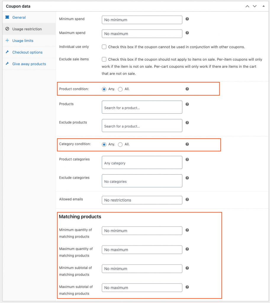 Condiciones de restricciones de uso para cupones de WooCommerce