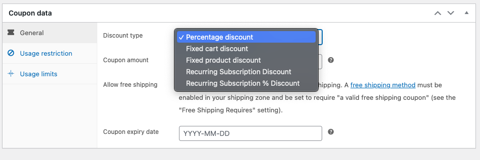 Tipos de descuento de cupones de WooCommerce
