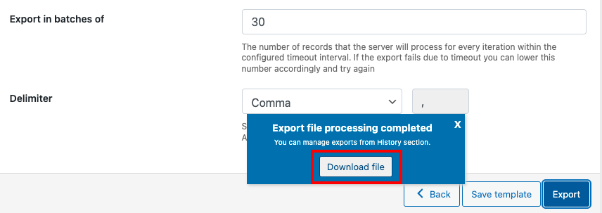 Elaborazione file di esportazione completata