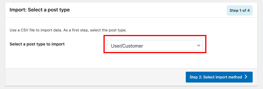 Importa utente Passaggio 1: seleziona un tipo di post