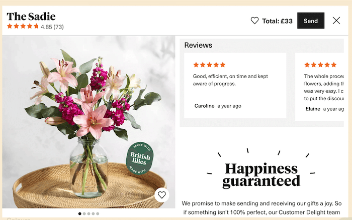 Kundenrezension als Social-Proof-Beispiel auf der Website von Bloom and Wild.