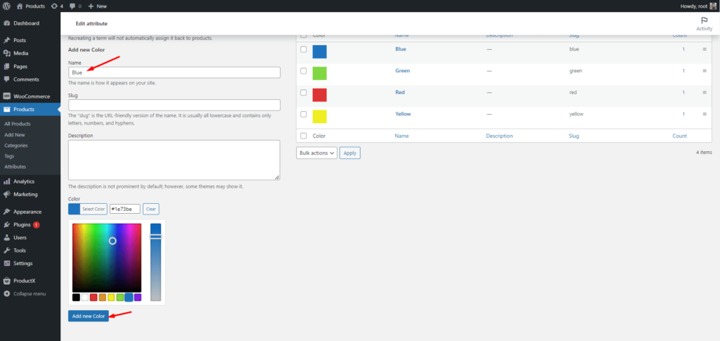 ProductX 6용 WooCommerce 변형 견본 애드온 소개 Assign Desired Colors as Attribute Value