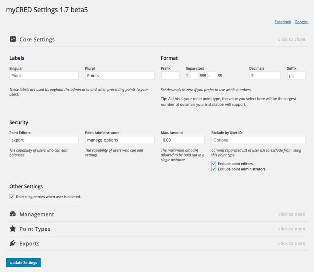 myCred outras configurações