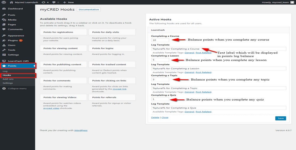 ganchos ativos myCred