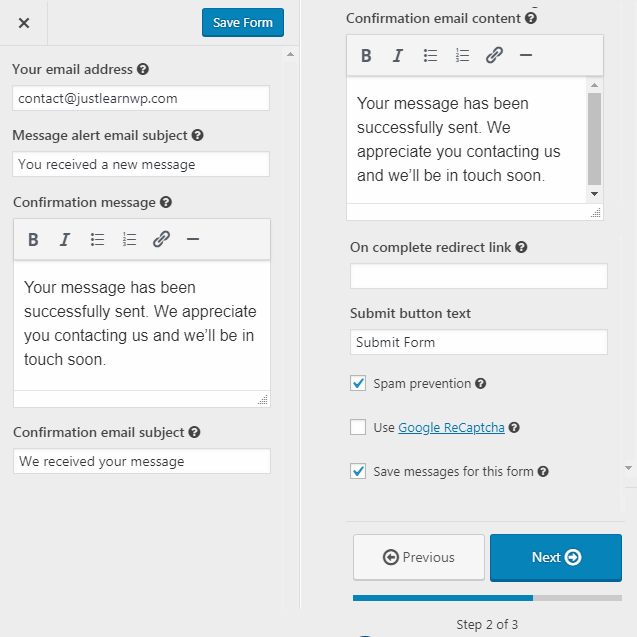 impostazioni e-mail di conferma di happyforms