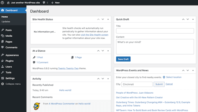 El tablero de WordPress The WordPress dashboard