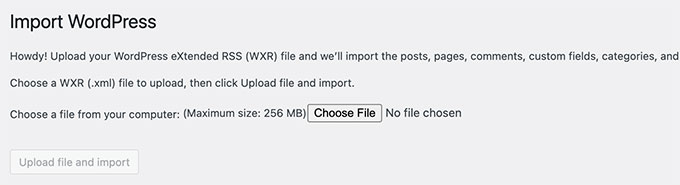 Elija importar archivo para cargar Choose import file to upload
