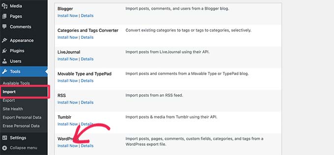 Instalar el importador de WordPress Install WordPress importer