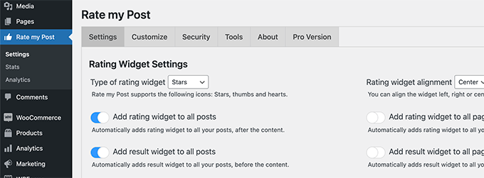 Derecelendirme ayarları gönder Post rating settings