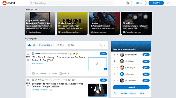 Reddit ön sayfası Reddit front page
