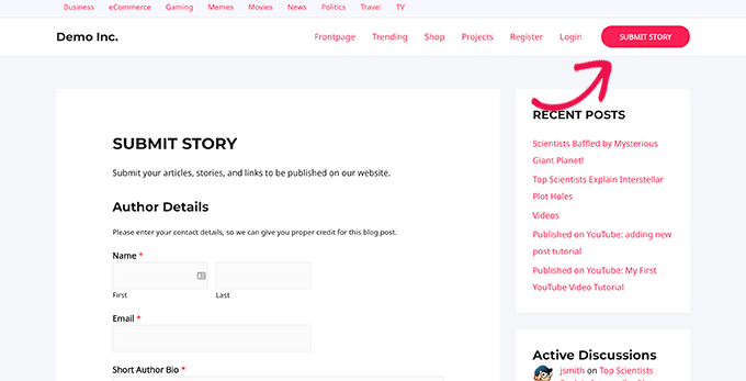 Hikaye sayfası gönder Submit story page