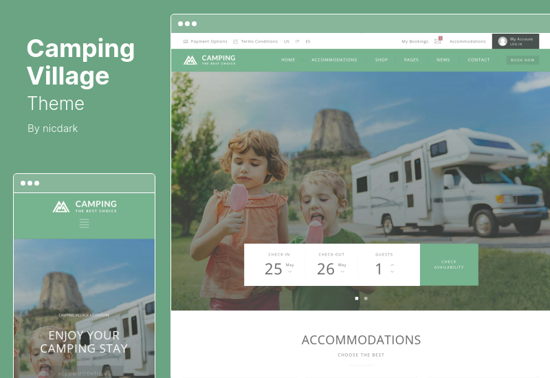 Motyw Camping Village - Kemping Caravan Piesze wycieczki Namiot Zakwaterowanie WordPress Theme