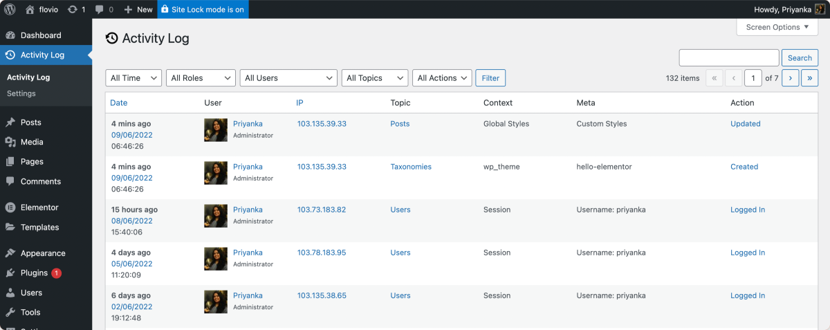 Base de datos de registro de actividad del sitio web de Elementor Cloud.