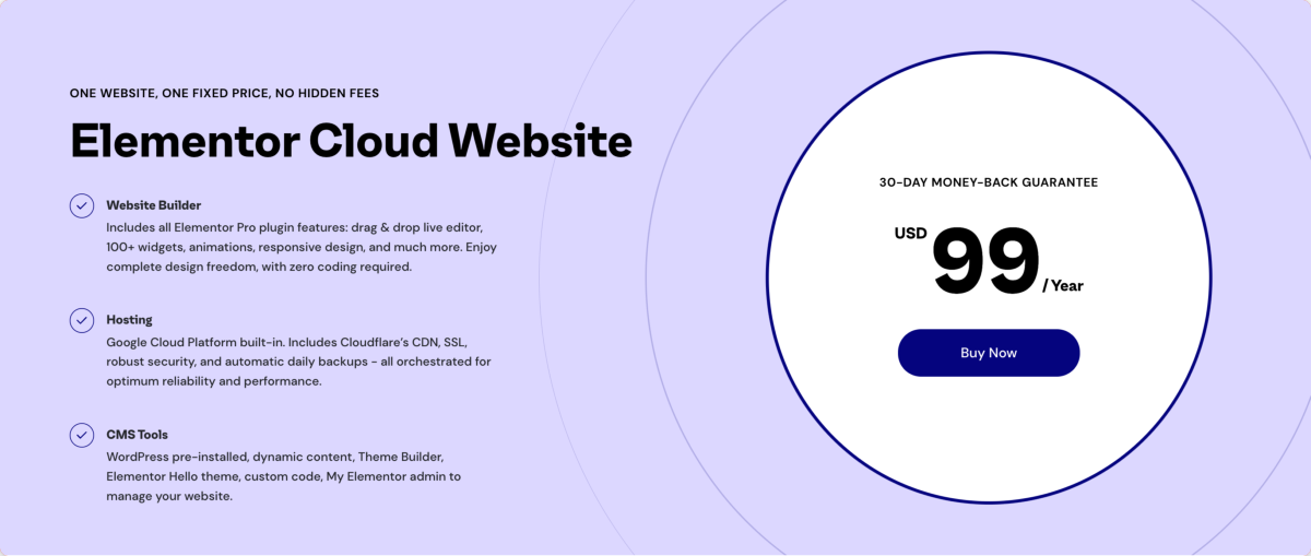 Plan de precios del sitio web de Elementor Cloud.