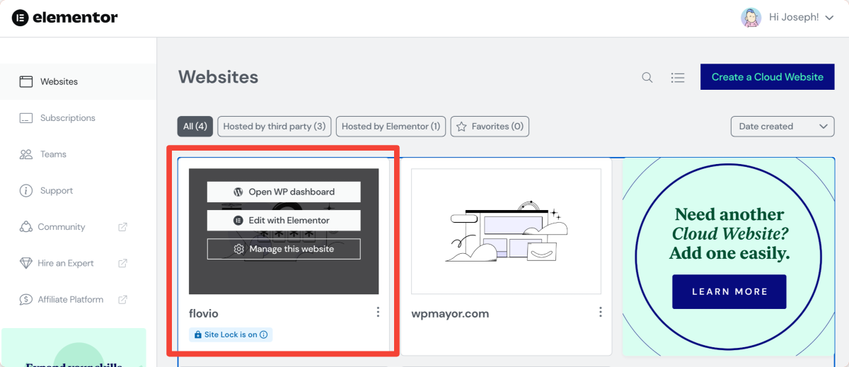 Gestión de sitios web desde su panel de Elementor.