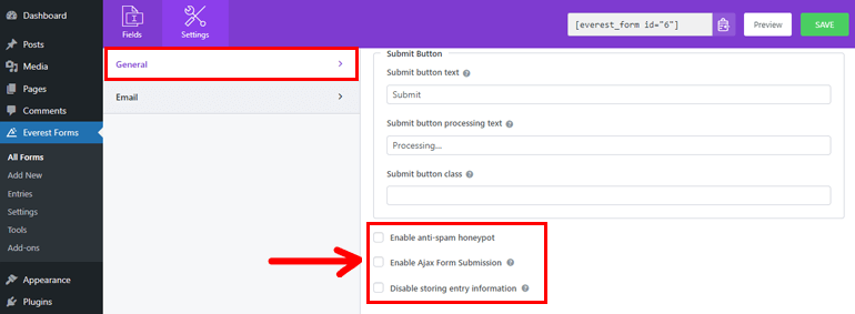 Opciones adicionales en la configuración general de Everest Forms