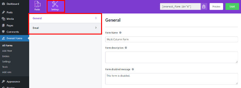 Opción de configuración de formularios de Everest