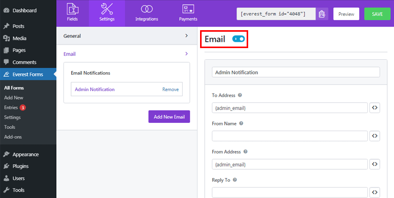 Configuración de los ajustes de correo electrónico del formulario de solicitud de presupuesto en WordPress