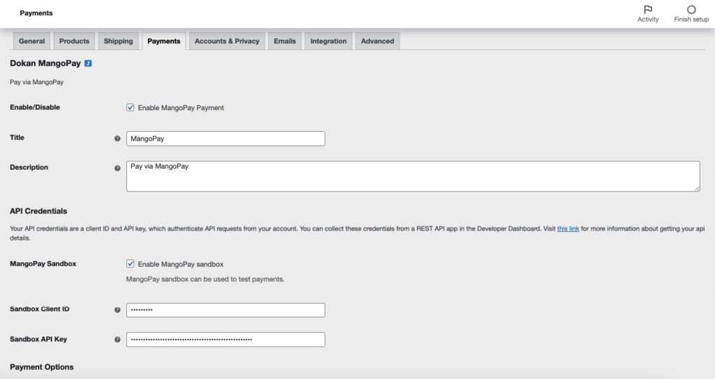 Sekcja płatności WooCommerce dla bramki płatności Dokan mangopay