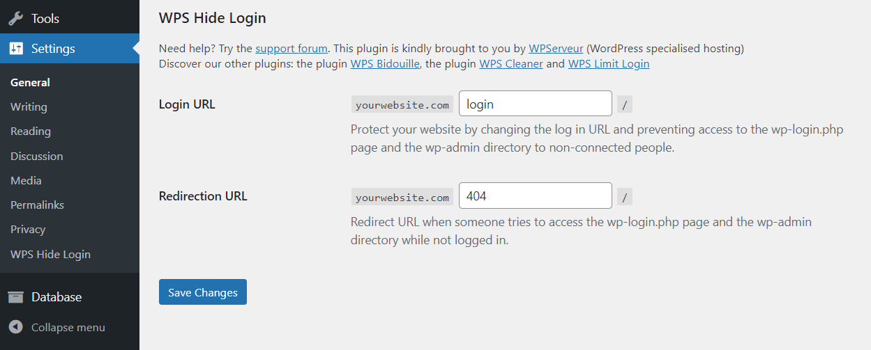 configuración para cambiar la URL de inicio de sesión de WordPress