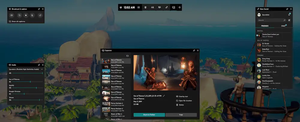 La barra de juegos de Xbox que se ejecuta en el juego Sea of Thieves.