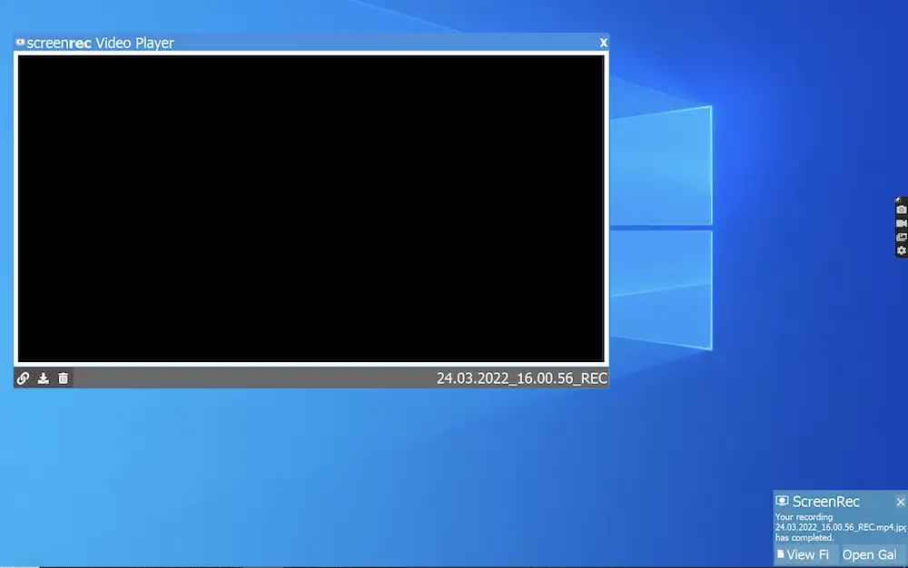 La opción para compartir instantáneamente ScreenRec, junto con una vista previa de una captura.