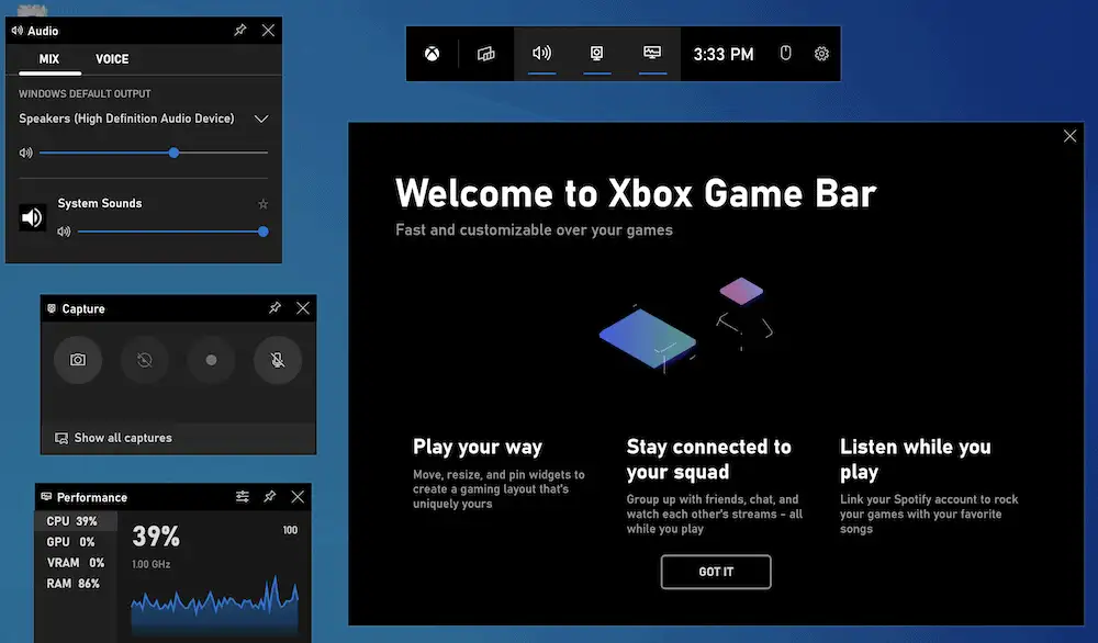 Una versión activa de Xbox Game Bar.