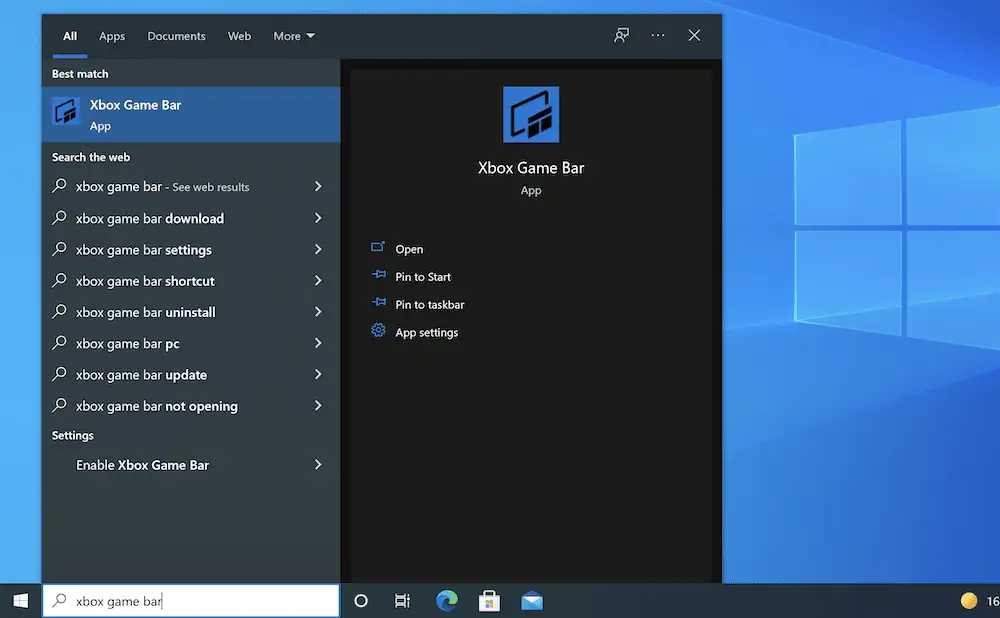 Encontrar la barra de juegos de Xbox en el menú de búsqueda de Windows.