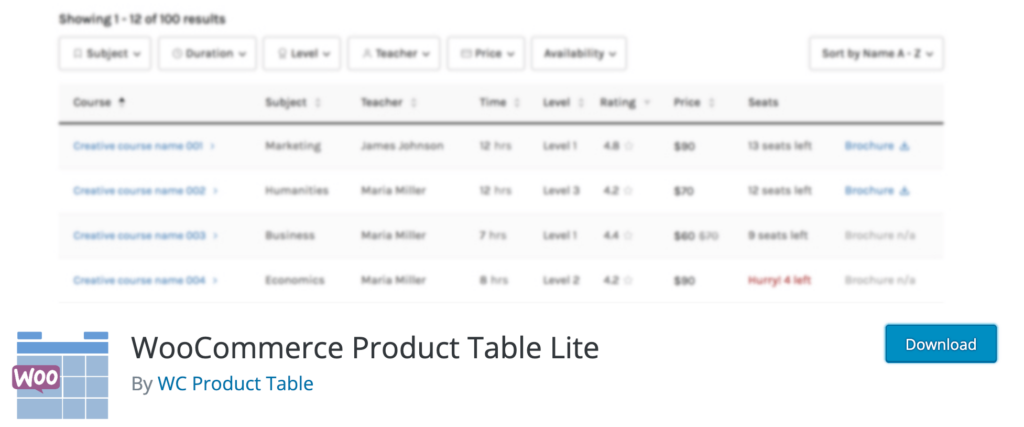 WooCommerce 제품 테이블 라이트 플러그인.