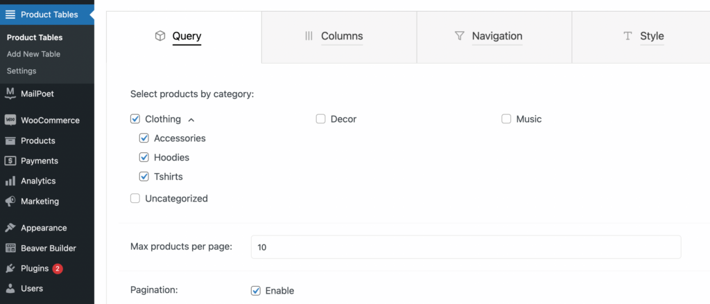 WooCommerce Product Table Lite 플러그인의 쿼리 탭.