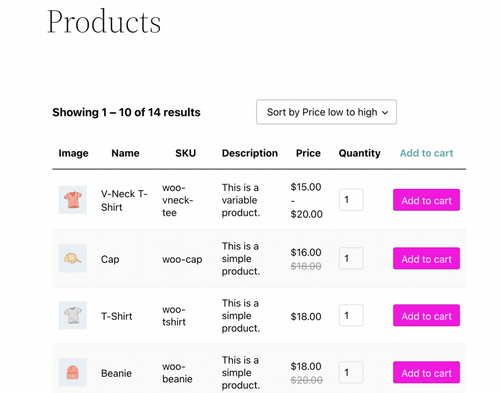 WooCommerce 주문 양식의 예.