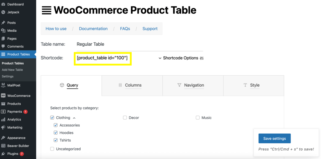 WooCommerce 제품 테이블 단축 코드.