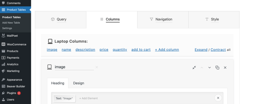 WooCommerce Product Tables Lite의 열 탭.