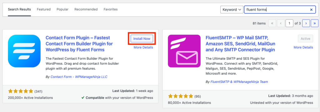 プラグインディレクトリの検索ボックスでFluentFormsを検索します