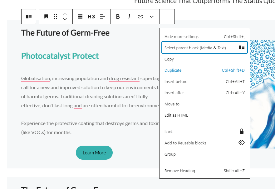 Tampilan mendetail dari menu Select parent block di WordPress