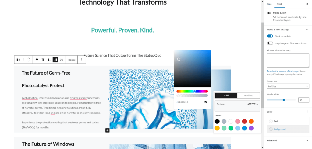 Tampilan mendetail untuk memilih warna yang cocok di editor blok WordPress